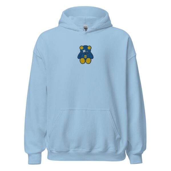 A light blue hoodie with a yellow and blue bear on it.