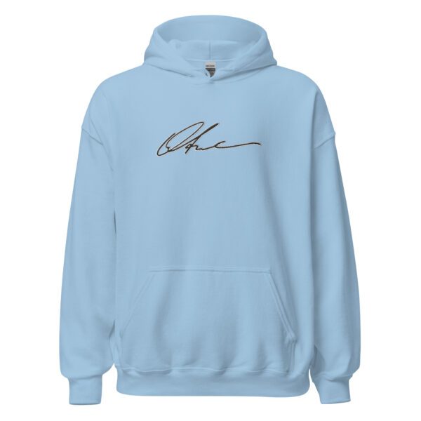 A light blue hoodie with the word cher written on it.