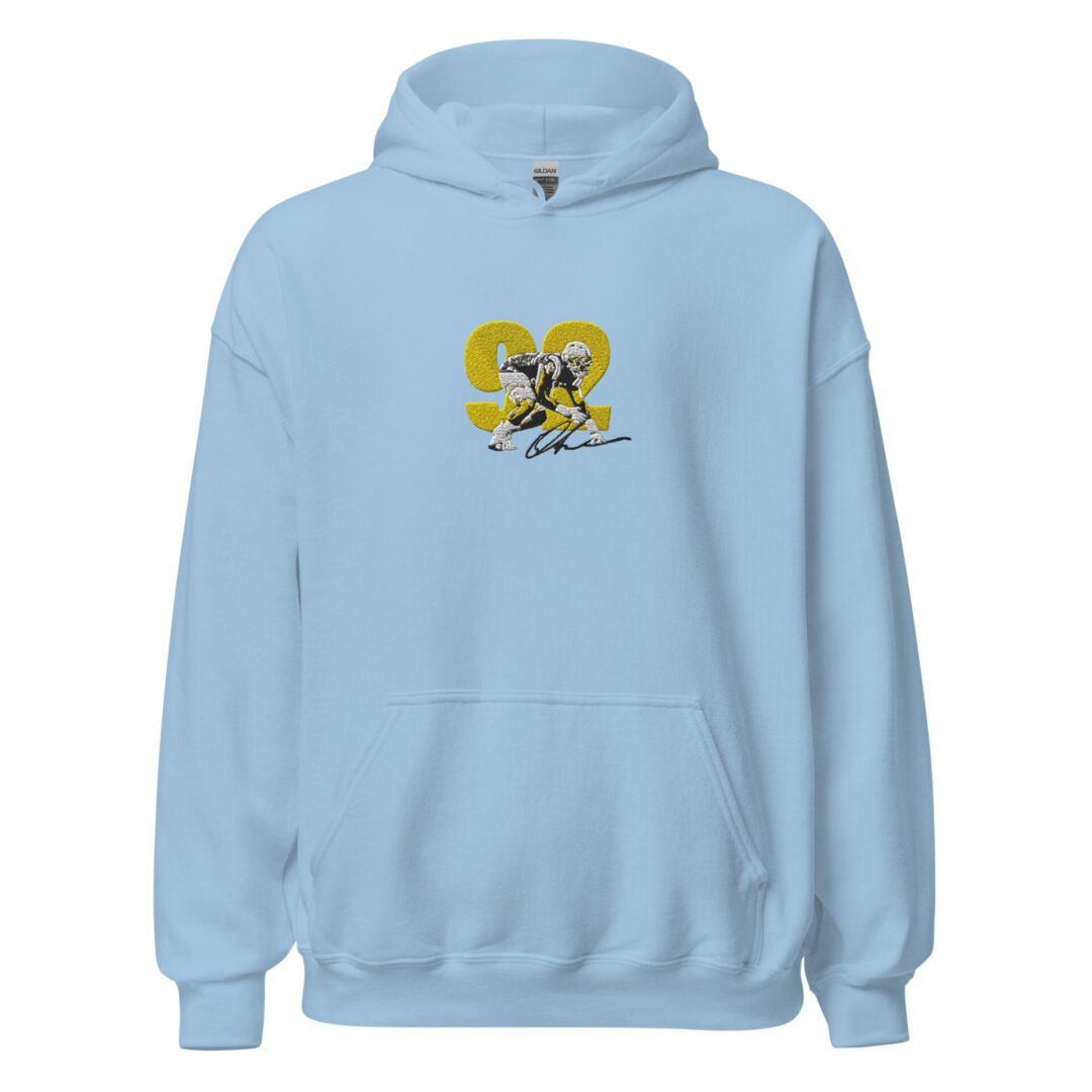 A light blue hoodie with a picture of a person on it.