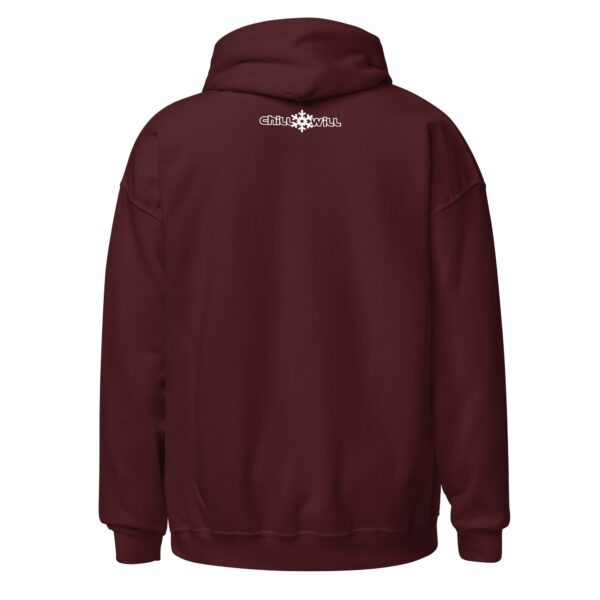 Burgundy hoodie with Chill Will logo.