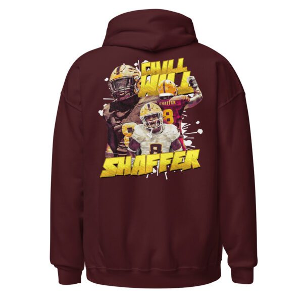 A maroon hoodie with a picture of two football players.