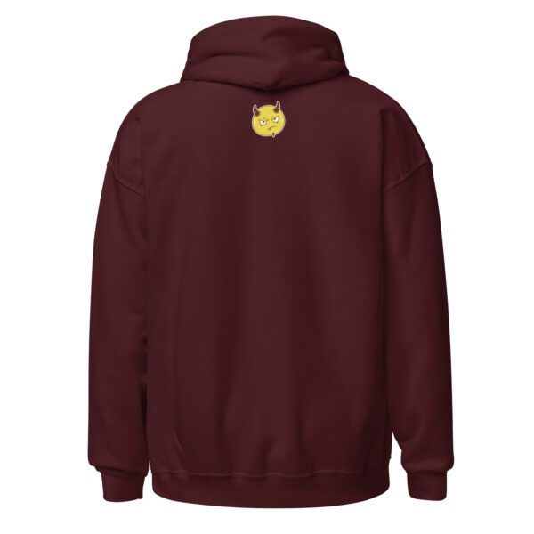 A maroon hoodie with a yellow cat on the back.