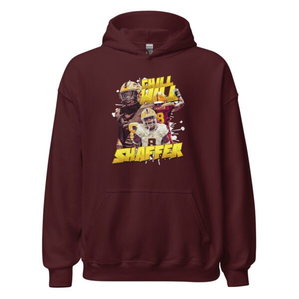 Maroon hoodie with football player graphic.