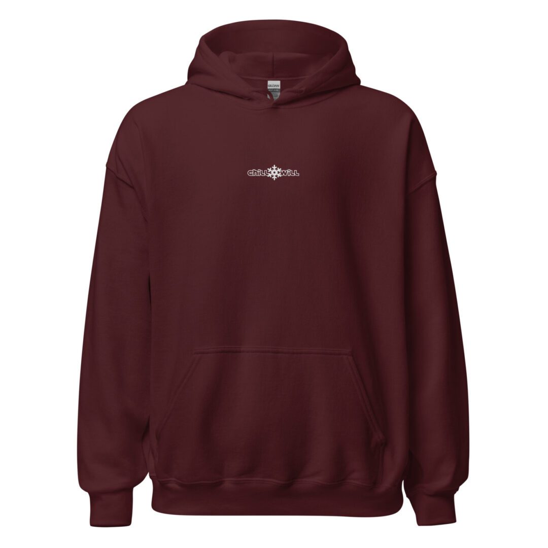 A maroon hoodie with an embroidered logo on the front.