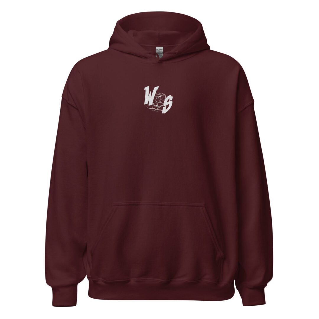 A maroon hoodie with the word " m & f " on it.