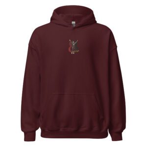 A maroon hoodie with a dragon embroidered on the front.