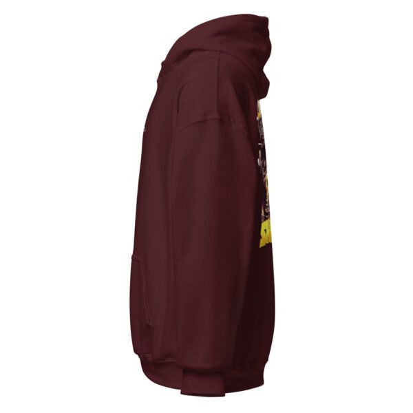 A maroon hoodie with a yellow and white design on the front.