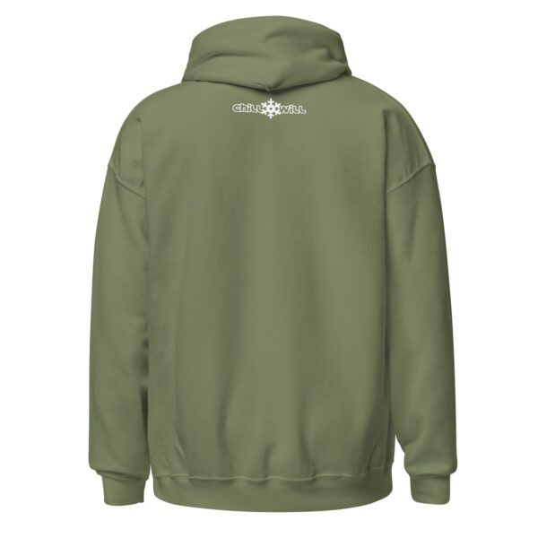 Green hoodie with "Chill Will" logo.