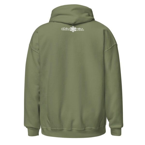 A green hoodie with a white logo on the back.