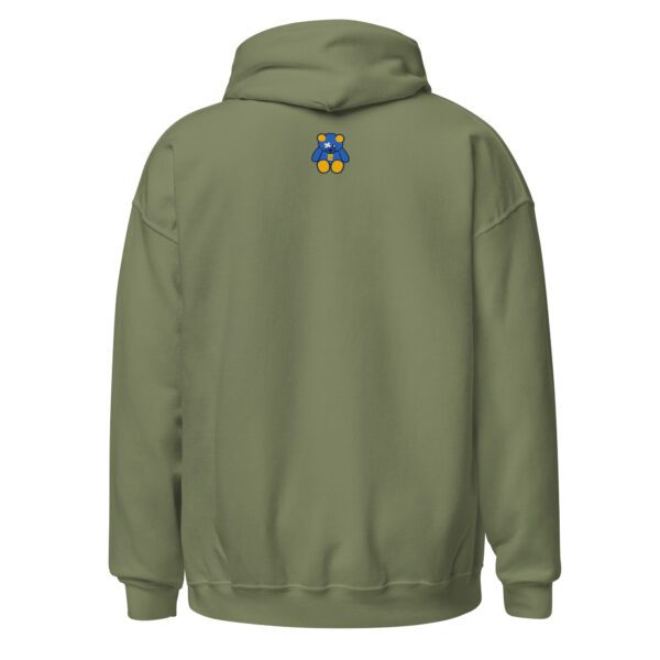 A green hoodie with a yellow and blue logo on the back.