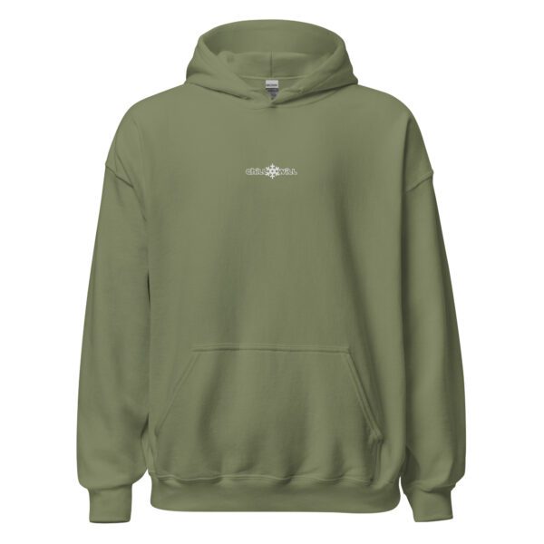 A green hoodie with a white logo on the front.