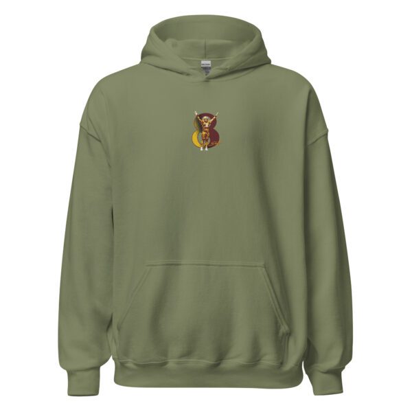 A green hoodie with a picture of a dog on it.