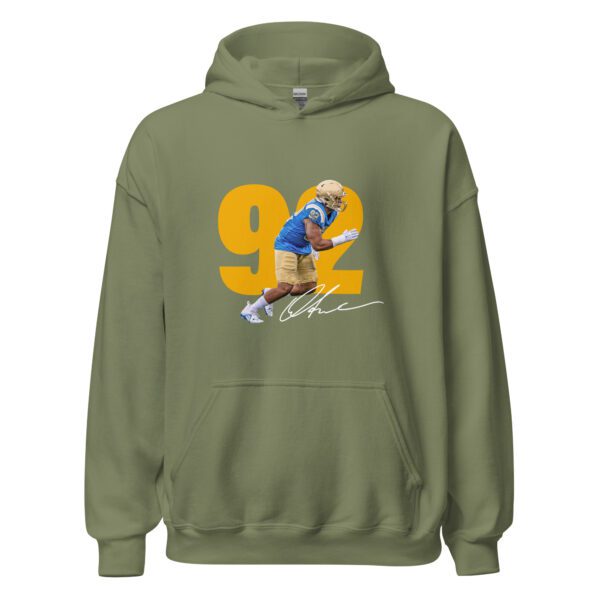 A green hoodie with a picture of a football player.