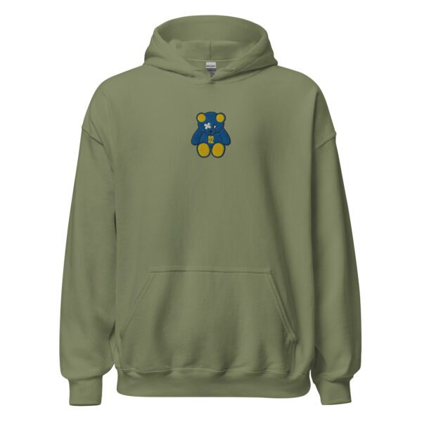 A green hoodie with a blue and yellow design on it.