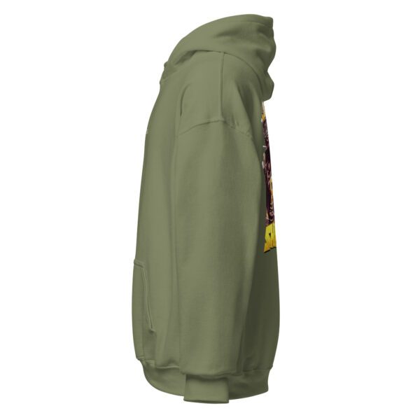 A green hoodie with a yellow and red design on the front.