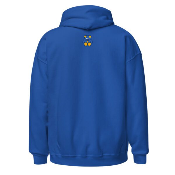 A blue hoodie with a yellow and white logo.