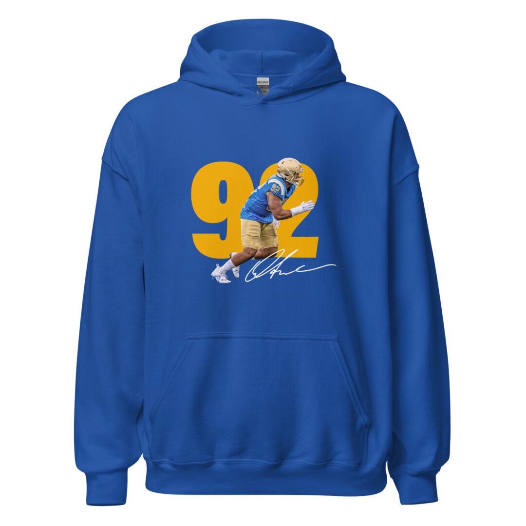 A blue hoodie with a picture of a football player.