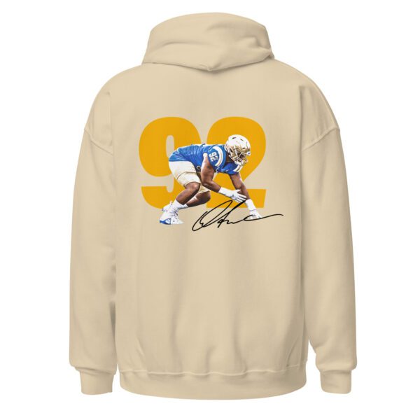 A tan hoodie with a picture of a football player.