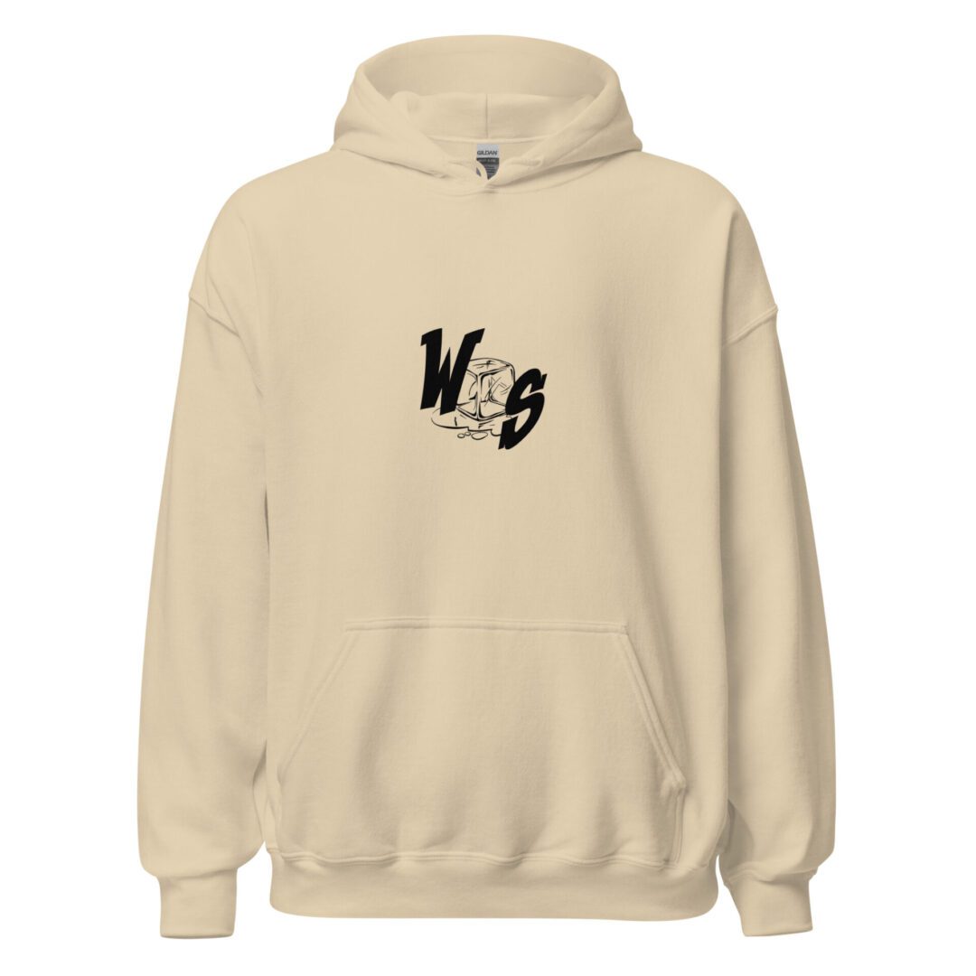 A beige hoodie with the word " vs ".