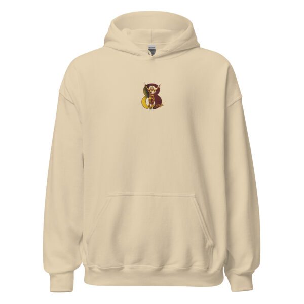 A beige hoodie with an embroidered monkey on the front.