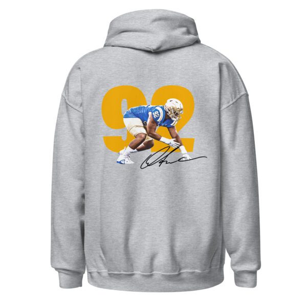 A gray hoodie with an image of a football player.