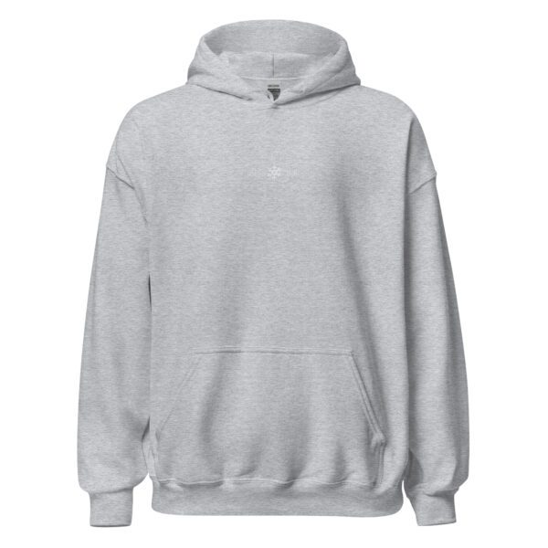 A gray hoodie with a white logo on it.