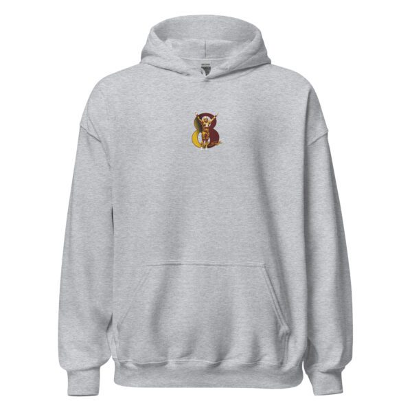 A gray hoodie with an embroidered monkey on the front.