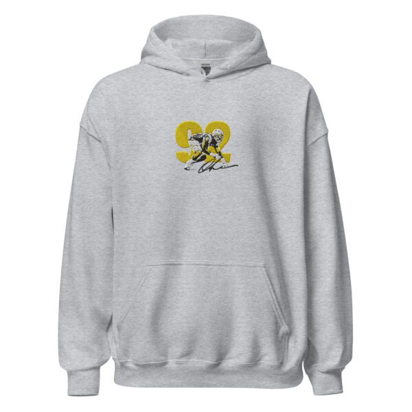 A gray hoodie with a picture of a dog on it.