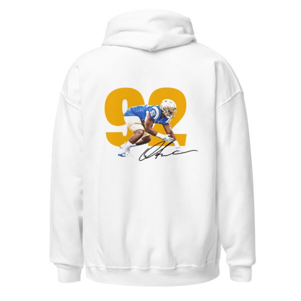 A white hoodie with an image of a football player.