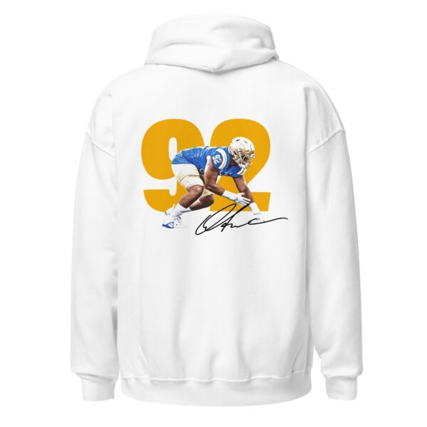 A white hoodie with a picture of a football player.