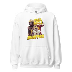 A white hoodie with a picture of two men and a dog.