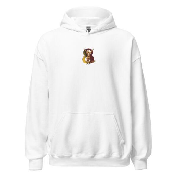 A white hoodie with an embroidered monkey on the front.