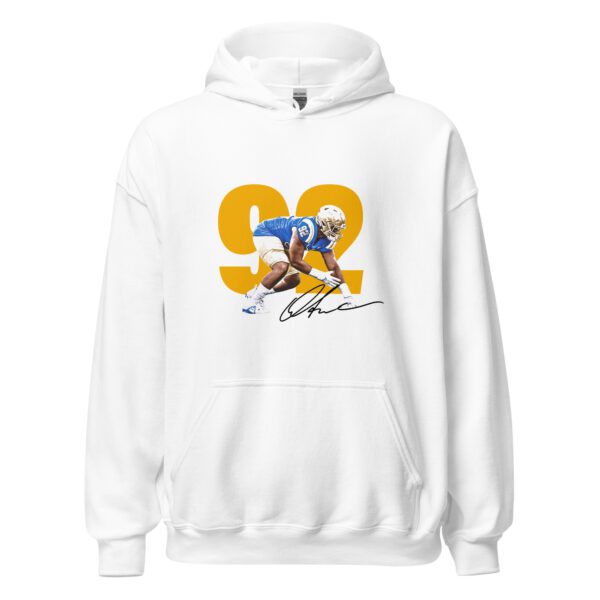 A white hoodie with an image of a football player.