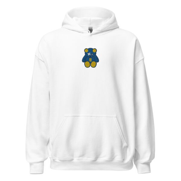 A white hoodie with a blue and yellow teddy bear on it.