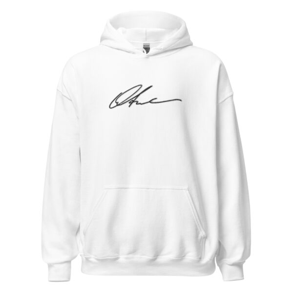 A white hoodie with a black signature on it.