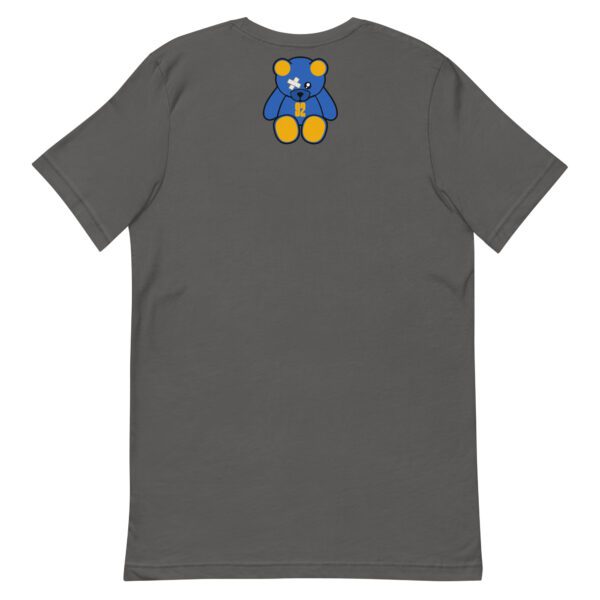 A gray t-shirt with a blue and yellow teddy bear on the back.