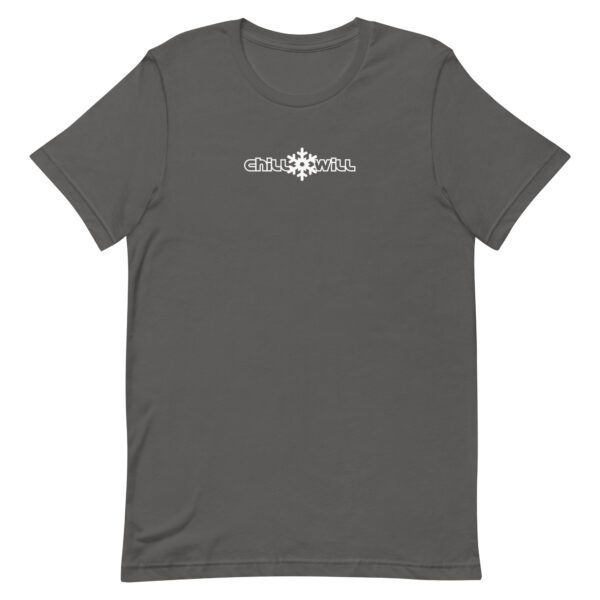 A gray t-shirt with a white logo on it.