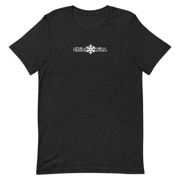 A black t-shirt with a white logo on it.