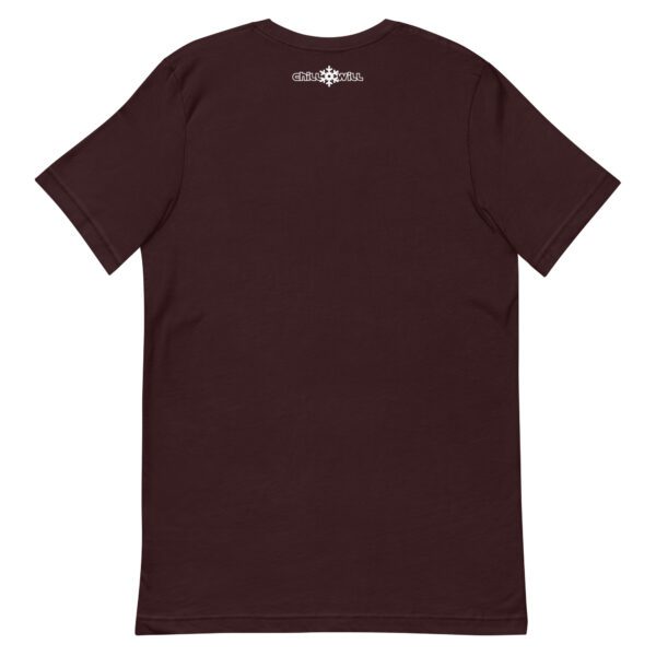 A brown t-shirt with a white logo on the back.