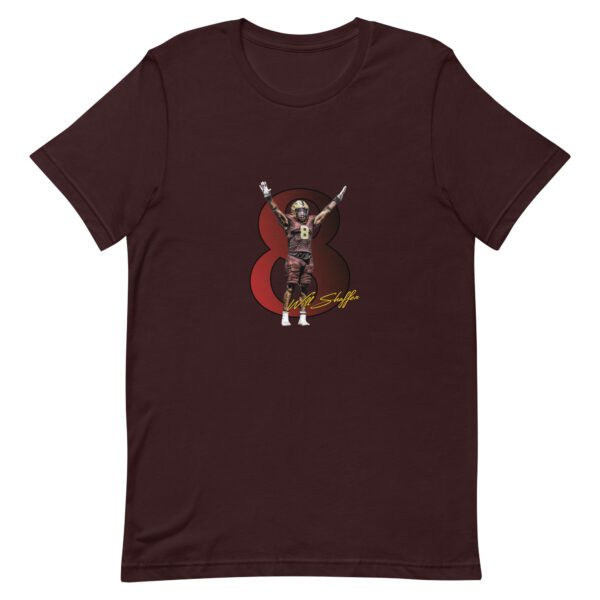 A t-shirt with a picture of a person holding a guitar.