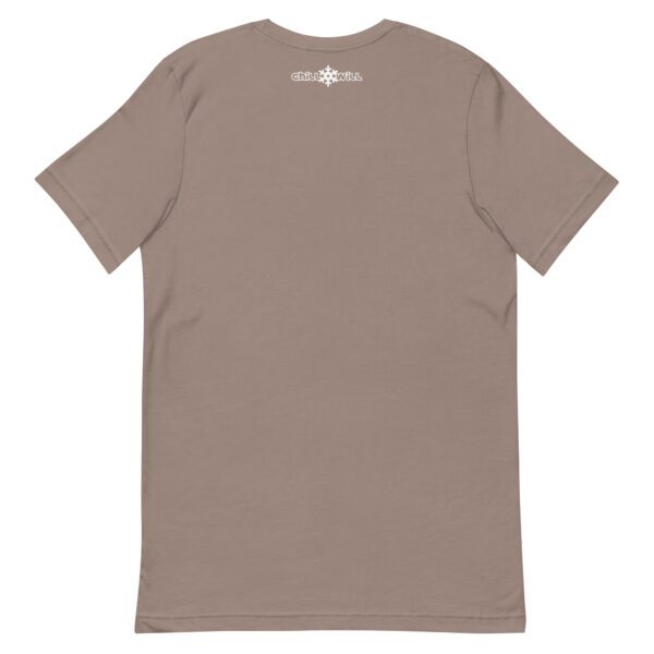 A brown t-shirt with a white logo on the back.