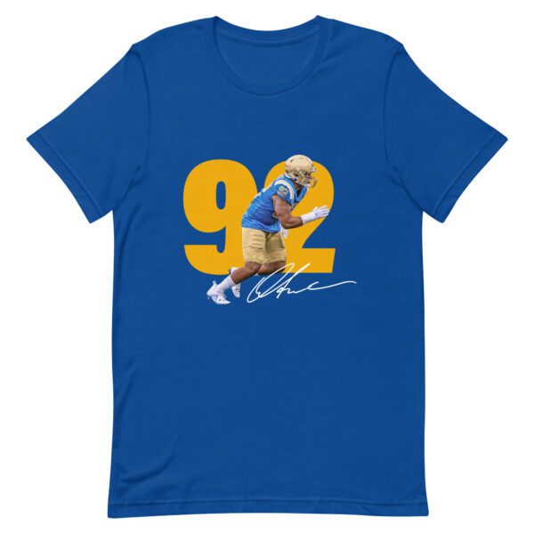 A blue t-shirt with a picture of a baseball player.