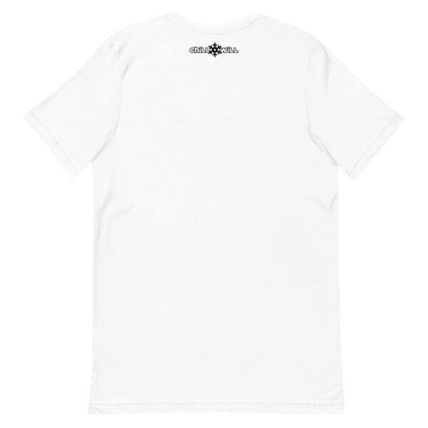 A white t-shirt with a black and white logo.